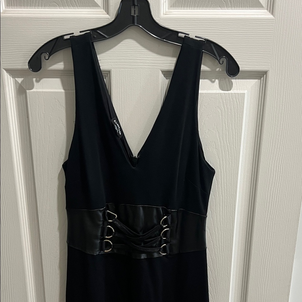 bebe Black Backless V-Neck Dress with Lace-Up Waist